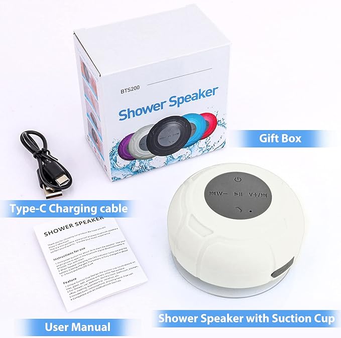 Waterproof Bluetooth Shower Speaker Portable Wireless Water-Resistant Speaker Suction Cup,Built-in Mic Gifts for Kids Speakerphone for iPhone Phone Tablet Bathroom Kitchen - White