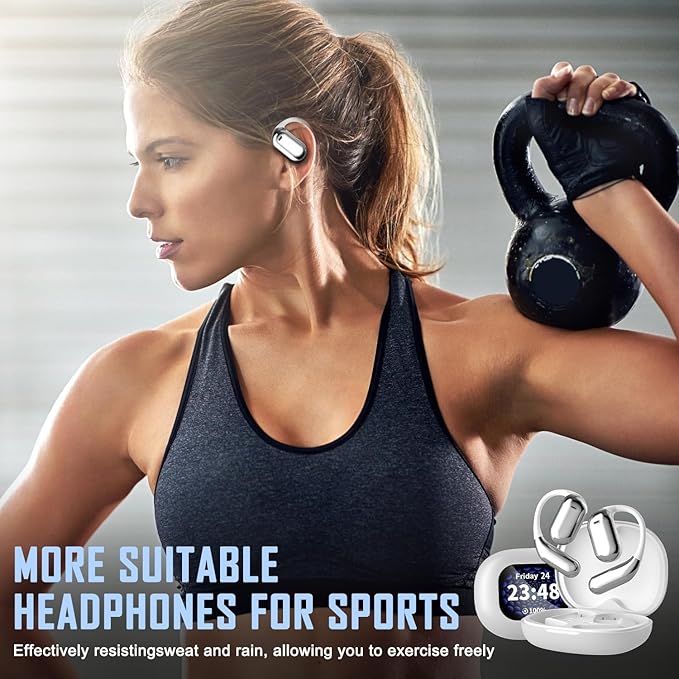 Open Ear Earbud Wireless Bluetooth 5.4 Earbuds,Intelligent Touch Screen Headphones,50H Playtime,Ergonomic Ear Hook,Built-in Mic,LED Display Charging Case,for Sport Running Fitness (Silver)
