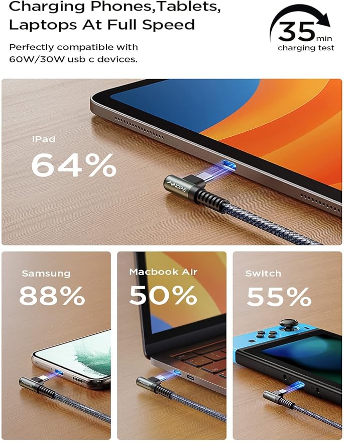 AINOPE USB C Cable 60W 4-Pack 3.3FT+3.3FT+6.6FT+10FT Nylon Braided USB C to USB C Cable Type C Charger Fast Charging Right Angle USBC Cable Charger Cord for iPhone 16 Pro Max 15 Plus Samsung S24 Grey