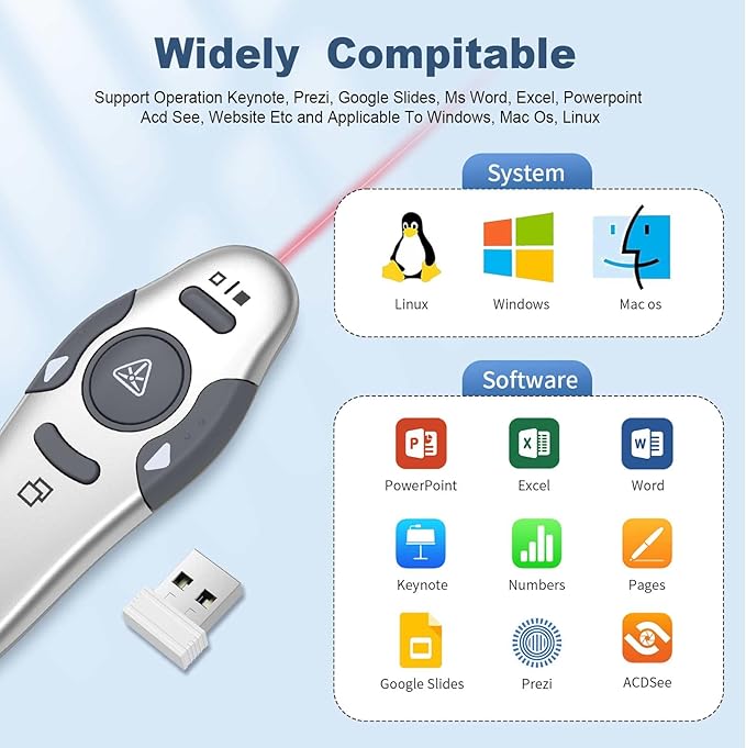 QUI Presentation Clicker Wireless Presenter Remote Clicker for PowerPoint Presentation Remote, PowerPoint Slide Advancer for Mac/Windows/Linux, Google Slide/PPT/Keynote, USB, Silver