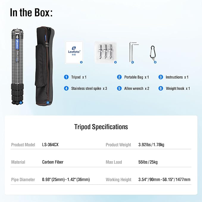 58" Carbon Fiber Tripod, Lightweight Travel Compact Tripod for Mirrorless Camera, DSLR, 4-Sections with Max Tube Dia 36mm, Load Up to 55lbs/25kg (LS-364CX)