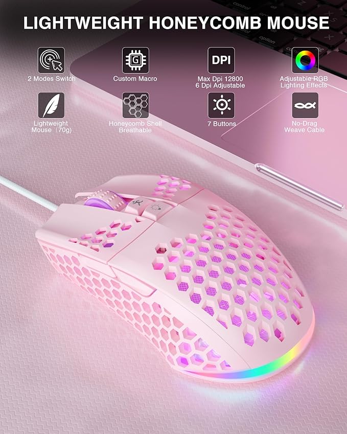 SM900 Pink Wired Gaming Mouse with Honeycomb Shell,12800 DPI,7 Programmable Buttons,Lightweight Gaming Mice Ergonomic Computer Mouse Gaming for Windows/PC/Mac/Laptop Gamer