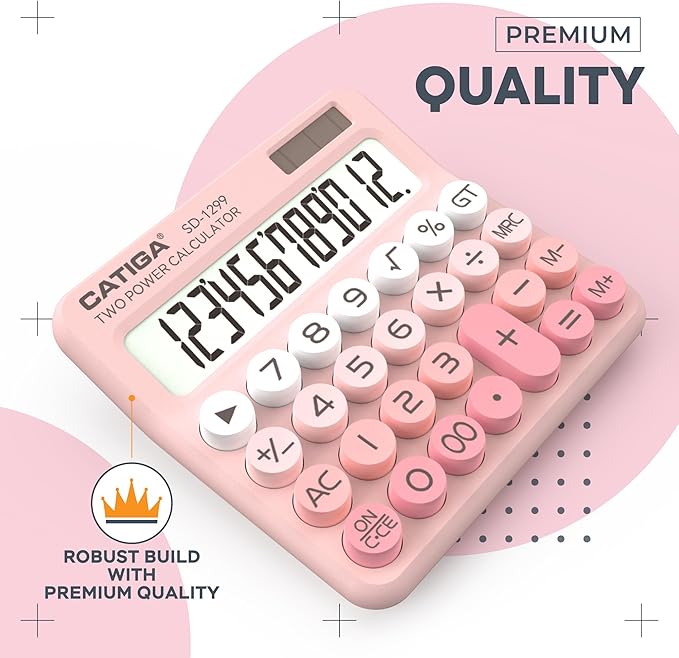 CATIGA Mechanical Switch Calculator with Solar and Battery Dual Power, 12-Digit Large LCD Display, Aesthetic and Cute Desktop Calculator with Big Button, for Home, School and Office Use, SD-1299