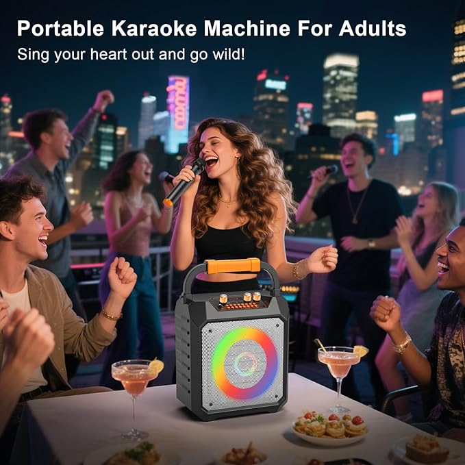 Portable Karaoke Machine with 2 Wireless Microphones for Adults Gifts,5 LED Lights Mode,Outdoor Bluetooth Speakers with PA System for Home,Party,Singing,Classroom,Supports TF/SD/USB/AUX in/FM/REC