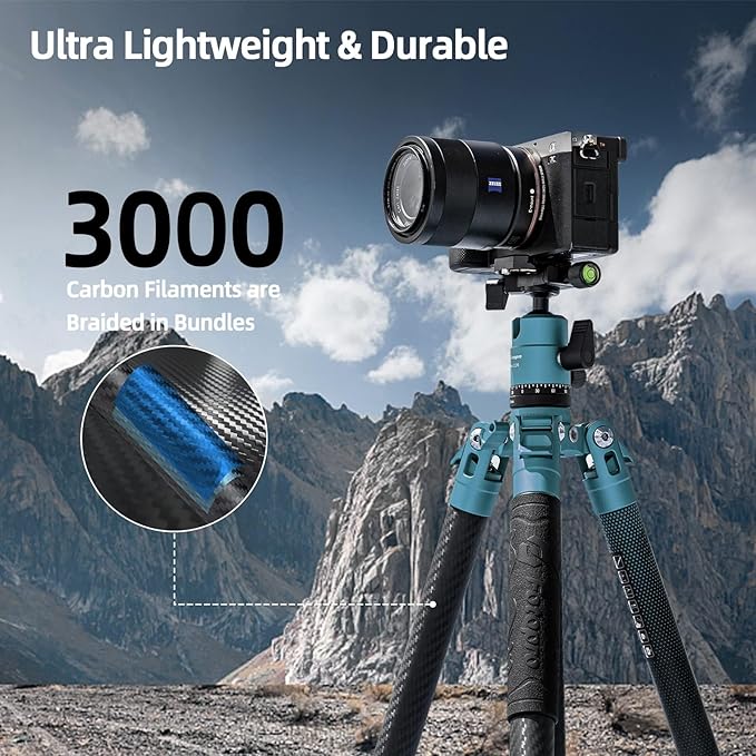 Fotopro 62 Inch Carbon Fiber Tripod for Camera Ultralight Travel Camera Tripod Max Loads Up 22lbs X-Aircross 3 Blue