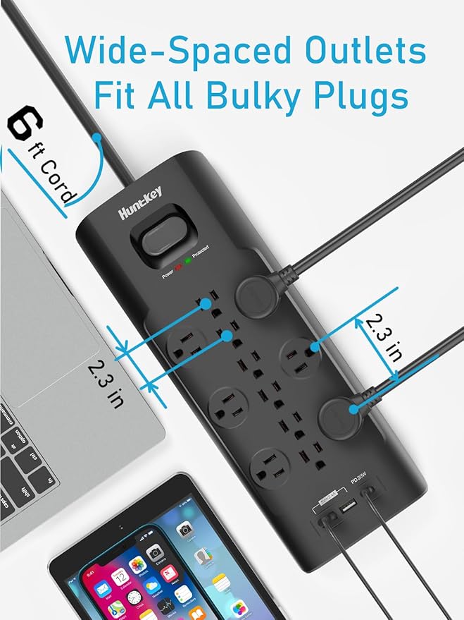 Surge Protector Power Strip (3480J), Huntkey 12 Outlets with 2 USB A Ports and 20W USB C Power Delivery Charging, 6ft Flat Plug, Heavy-Duty Extension Cord for Home, Office, Dorm Essential, ETL Listed