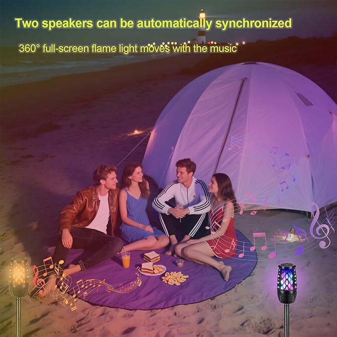 Outdoor Speakers, Colorful LED Flame Speaker Gift for Men, Bluetooth 5.3, Stereo Sound, Portable Wireless Speaker with Stake, Hook for Patio/Yard/Porch