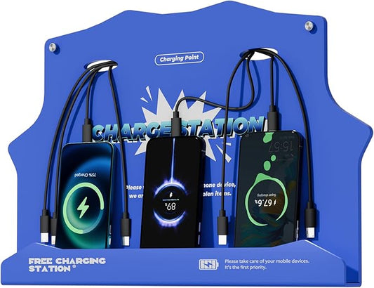 Wall Mounted Cell Phone Charging Station with 8-Port High-Speed Cables – Universal Dock for Apple, Type-C & Android Devices – Ideal for Airports, Hotels, Malls, Offices, Schools (Blue)