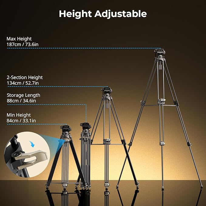 SmallRig AD-01S Video Tripod, 74" Heavy Duty Tripod with Pan and Tilt Fluid Head, Dual-Mode Quick Release Plate, Load up to 13.2lb / 6kg for DSLR, Camcorder, Cameras