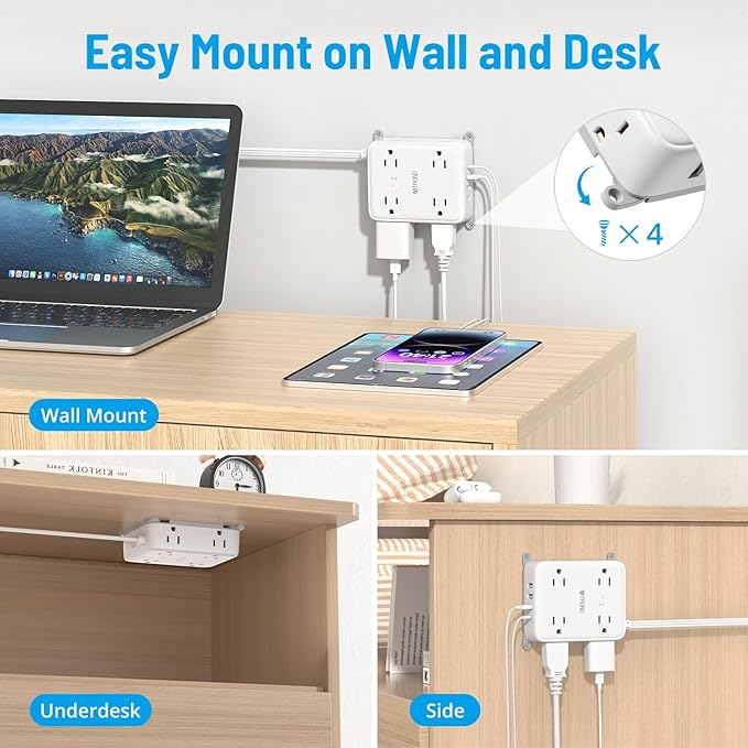 TROND Surge Protector Power Strip with USB, Ultra Thin Flat Plug 10ft Extension Cord 1625W, 3 USB-A & 1 USB-C, 8AC Outlets 1440J Surge Protection Wall Mount for Home Office Dorm Room Essentials, White