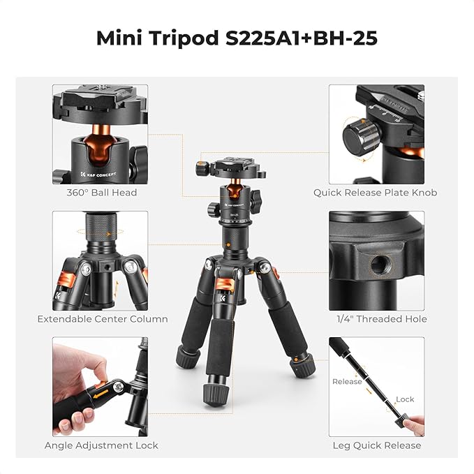 K&F CONCEPT Mini Desktop Tripod, 20.5''/ 52cm Compact Desk Tripod with 360 Degree Ball Head, 1/4 inch Quick Release Plate for Camera Video Camcorder, Load up to 13.22 lbs/6 KG