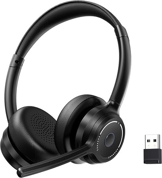 (2026 Upgraded) Wireless Headset with Mic for Work, Bluetooth Headset with Noise Canceling Microphone, Wireless Headphones with Mic and USB Dongle and Mute, Fit for Computer/PC/Teams