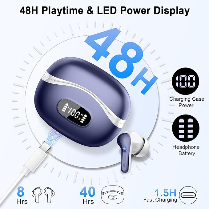 Wireless Earbuds, Bluetooth Headphones 5.4 HiFi Stereo, Ear Buds with 4 ENC Noise Cancelling Mics, 48H Bluetooth Earbuds with Dual LED Display, IP7 Waterproof in Ear Earphones for Android iOS, Blue