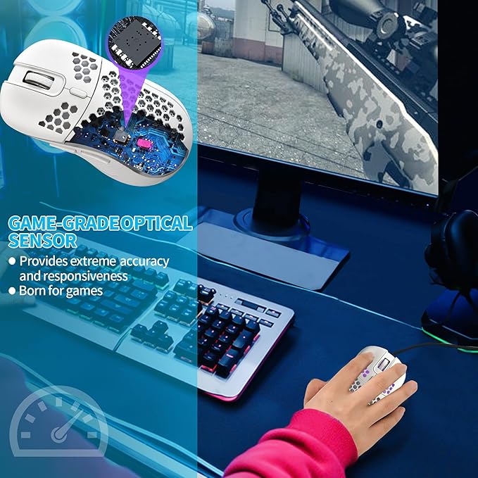 Honeycomb Wired Gaming Mouse with RGB On/Off Switch, 7200 Adjustable DPI, Ergonomic Lightweight Design & High Precision Sensor for PC/Mac Gamers (White)