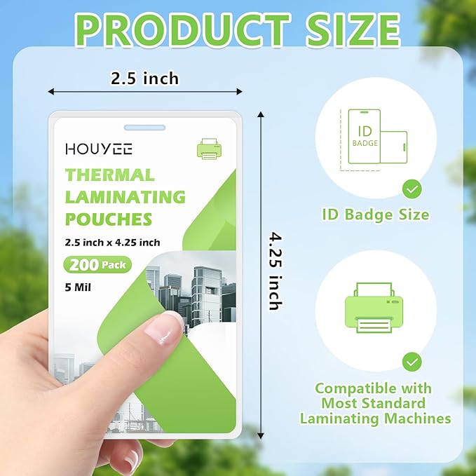 HOUYEE 200 Pack 5Mil Thermal Laminating Pouches, 2.5x4.25 Inches ID Badge Size Laminate Pouches with Hole, Ultra Clear Laminating Sheets, HeatSeal Laminator Pouches for ID Cards, Name Tags, Office Use