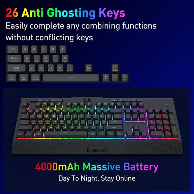 Redragon K525 PRO RGB 3-Mode Wireless Membrane Gaming Keyboard with Multimedia Keys, Linear Mechanical-Feel Switch, 4 Extra On-Board Macro Keys, Dedicated Media Control, Ergonomic Wrist Rest