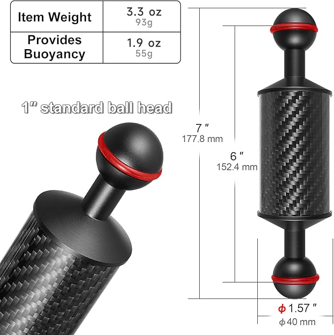 MINIFOCUS 2PCS Carbon Fiber Underwater Float Arm for Ultralight, D40mm, 6", Buoyancy Provided 55g*2, Floating Arm, Dual 1" Ball Underwater Floating Arm for Underwater Camera System Diving Tray