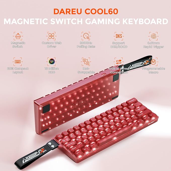 DAREU COOL60 60% Hall Effect Gaming Keyboard with Magnetic Switch, SOCD, 0.01mm Actuation Adjustable Rapid Trigger,8000 Hz Polling, Frosted Transparent Keycaps, Hot-swap, RGB Backlit