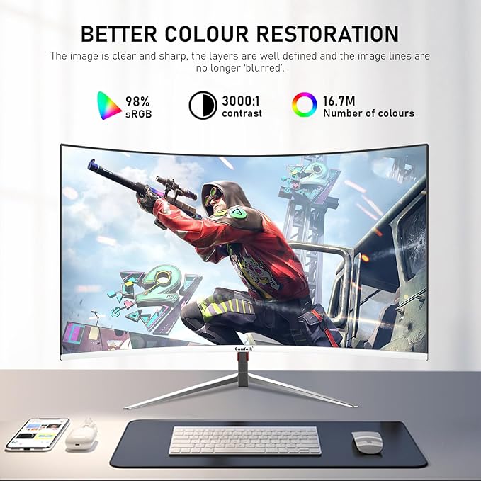 27 Inch PC Computer Screen,1800R Curved Gaming 180Hz Monitors, FHD1080p 1ms Without Bezel, freesync, 98% sRGB,178 ° Angle View HDMI DisplayPort, Compatible with Wall-Mounted100*100MM-White