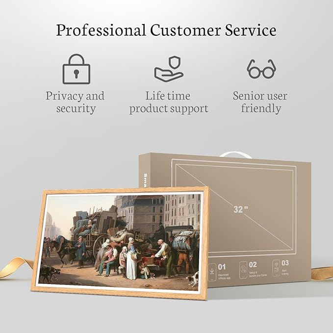 BSIMB 32 Inch Large Digital Picture Frame, Touchscreen 64GB 1920x1080 WiFi Photo Frame Electronic Display Remote Control, Share Pictures/Videos via Free App/USB/SD Easy Setup Gifts for Mom, Light Wood