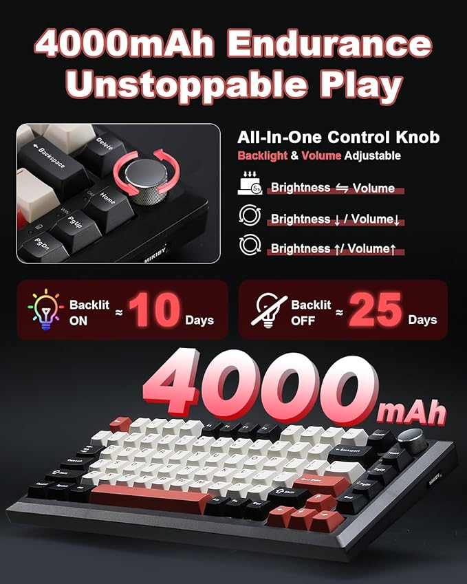 Y75 Wireless Mechanical Keyboard,75% Hot Swappable Custom Keyboard with Knob,RGB Backlit, PBT Keycaps,2.4GHz/USB-C/BT5.0 Mechanical Gaming Keyboards(Black&Red,Milk Switch)