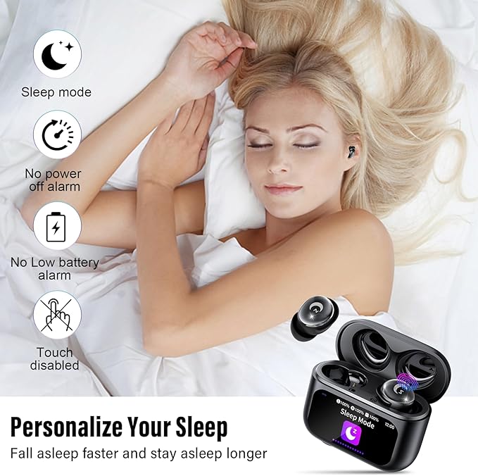Sleep Earbuds Bluetooth 5.4 Smart Touch Screen in Ear Ear Buds, 48H Mini Sleep Headphones Small Design for Side Sleepers, Crystal-Clear Calls, 5 EQ Modes, IPX7 Waterproof Earphones, Black Earbuds