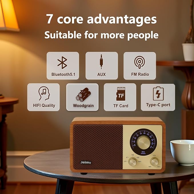 Vintage FM Radio Bluetooth Speaker, 2600mAh Rechargeable Radio with Built-in FM Antenna for Home Kitchen and Living Room with Rotary Knob
