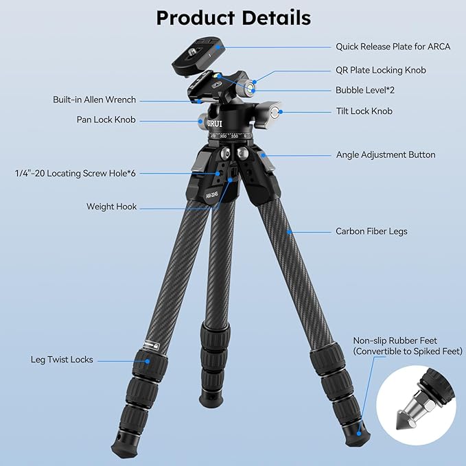 SIRUI 31.5" Compact Carbon Fiber Small Desktop Tripod with Low Profile Ball Head, Portable Lightweight Backpack Camera Tripod with Spikes for Travel Vlogging Tabletop, Macro Photography, AM-224S+G0