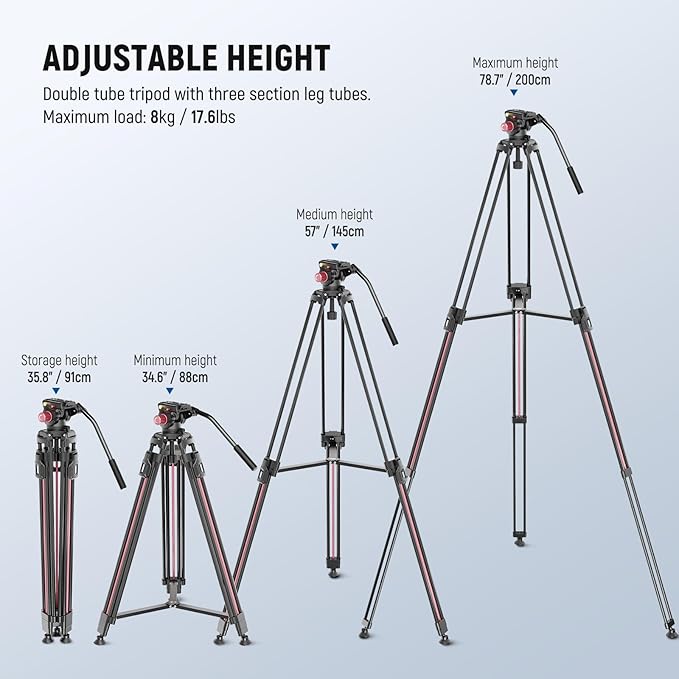 NEEWER LL38 79"/2m Video Camera Tripod with Fluid Head & Cleaning Cloth, Metal Heavy Duty Tripod Stand with One Step Quick Release Plate Compatible with Canon Nikon Sony Camcorder, Max Load 17.6lb