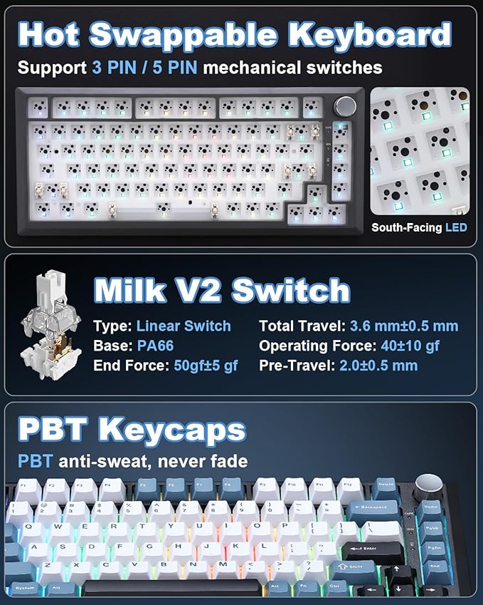 Y75 Wireless Mechanical Keyboard,75% Wireless Gasket RGB Gaming Keyboard,PBT Keycaps,2.4GHz/USB-C/BT5.0 Creamy Keyboard with Knob(Black&Blue,Milk Switch)
