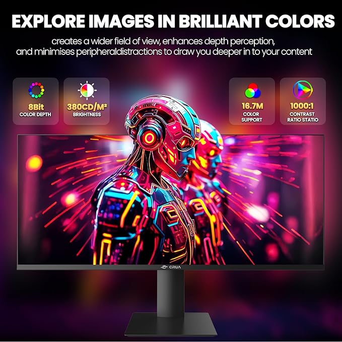 CRUA 34" Gaming Monitor, IPS WQHD(3440×1440P) 144Hz/165Hz Computer Monitor, 21:9 UltraWide Screen, 380cd/m², 120% sRGB, Support AMD FreeSync, Height Adjustable and with Speakers, Wall Mountable-Black