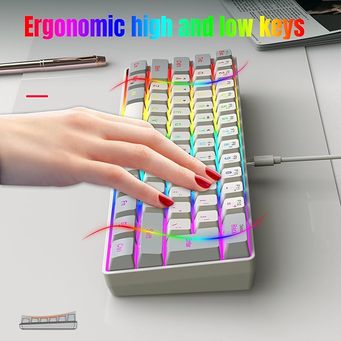 Snpurdiri 60% Wired Gaming Keyboard, 61 Keys RGB Backlit Small Gaming Keyboard for PC/Mac Gamer, Typist, Travel, Easy to Carry on Business Trip(Grey-White)