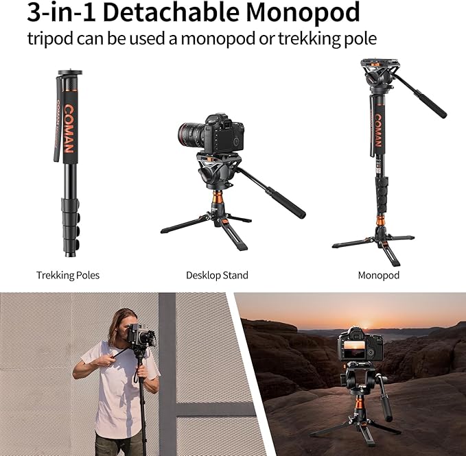 Monopod for Camera, COMAN Camera Monopod with Feet Q6 Fluid Head with Tripod Stand 70.6 inch Max Load 22 Lbs for Photography, Cameras, Canon, Nikon, Sony, DSLR, Video Camcorder