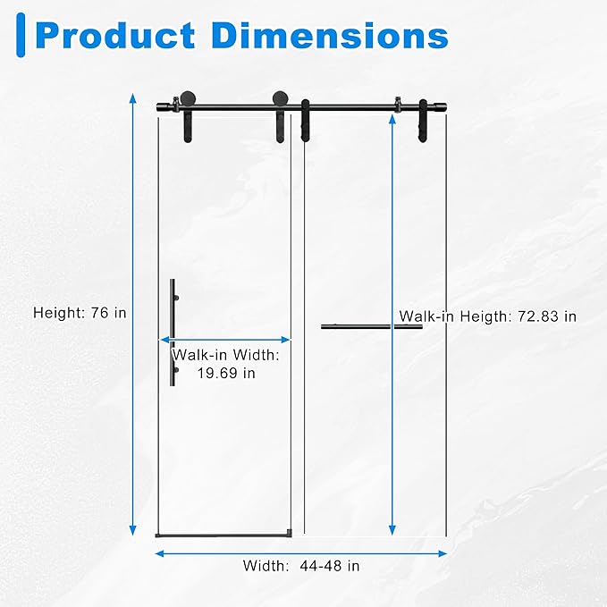 44-48" W x 76" H Frameless Shower Door Bathroom Sliding Shower Door 5/16"(8mm) Thick Tempered Glass Shower Door with Double Stainless Steel Handles for Walk-in Shower, Matte Black