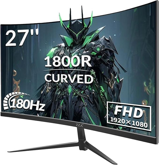 ZZA Gaming Monitor 27 Inch Curved 180Hz| 165Hz|144Hz|1ms| Computer Monitor FHD|1080P| 90% DCI-P3,100% sRGB,PC Monitor FreeSync| HDMI|HDR|Low Blue Light| HDMI|DP Ports| VESA Mount| Metal Stand