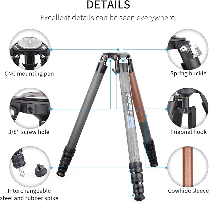 Carbon Fiber Tripod INNOREL ST424C Professional Heavy Duty Camera Stand with 75mm Bowl Adapter 42.4mm Tube, Max Load 92.6lbs/42kg,Max Height 66.9in/170cm for DSLR Camcorder Travel Shooting Bowl Tripod