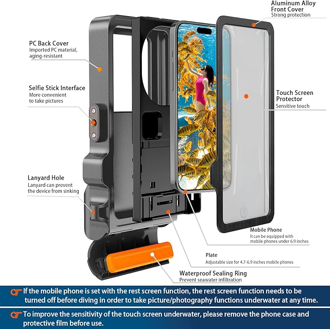 2025 Upgrade Waterproof Phone Case, Diving Snorkeling Swimming Scuba Underwater Touch Screen Photo Video Housing Cover for 17/16/15/14/13/12/11 Pro Max/XS/X Samsung Galaxy S25/S24/S23/S22 (Black Gray)