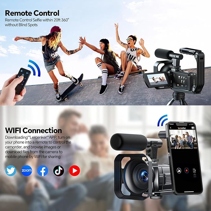 5K Video Camera Camcorder 56MP Wifi IR Night Vision Vlogging Camera, 16X Digital Zoom Touchscreen YouTubers Camera Recorder with Microphone, Lens Hood, Stabiliser, Remote Control, Tripod & 2 Batteries