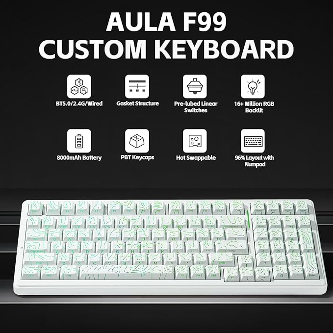 x AULA F99 Keyboard Gaming, Wireless Mechanical Keyboards, Hot Swappable Custom Creamy White Keyboard, RGB Backlit PC Gaming Keyboards,BT5.0/2.4GHz/USB-C,Topographic Side-printed Keycaps,LEOBOG Switch