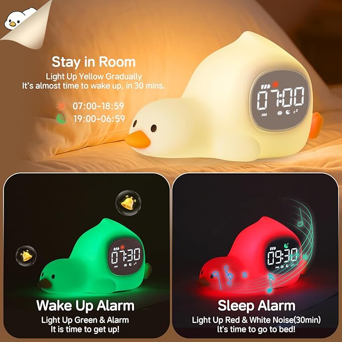 Alarm Clock for Kids with Night Light, Sleep Training Clock Time to Wake Clock, Rechargeable Silicone Light for Bedroom, Perfect Sleep Companion for Boys Girls, Laying Duck