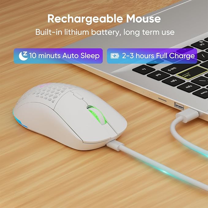 Honeycomb M32 Wireless Gaming Mouse - 2.4GHz RGB Rechargeable Ergo Mouse with Silent Clicks & 3200 DPI for PC/Mac -White