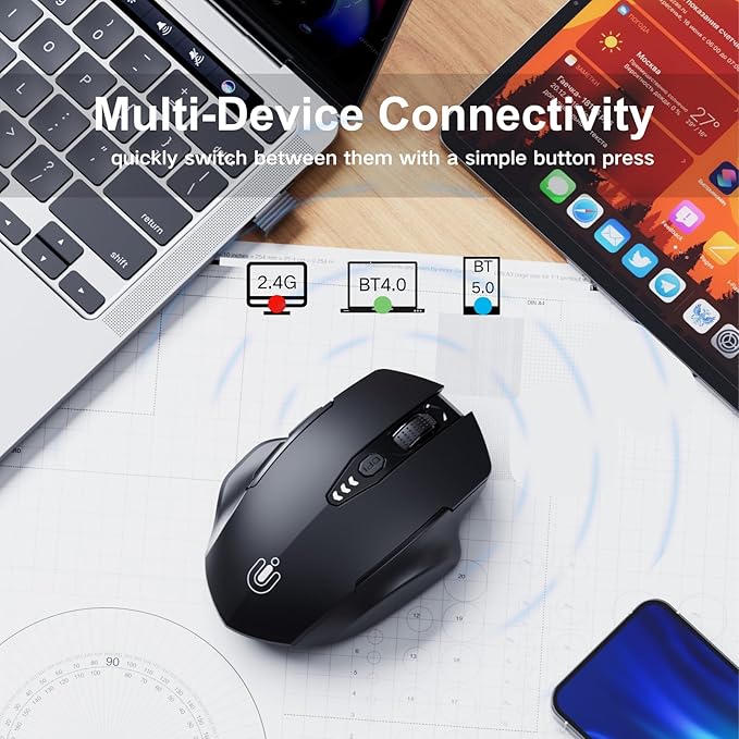 Wireless Bluetooth Mouse,[Upgraded] Rechargeable (BT 5.0/4.0+2.4G Hz),Computer Mouse with Visible Battery Level, 4 Adjustable DPI, Portable PC Mouse for MacBook Chromebook,Black