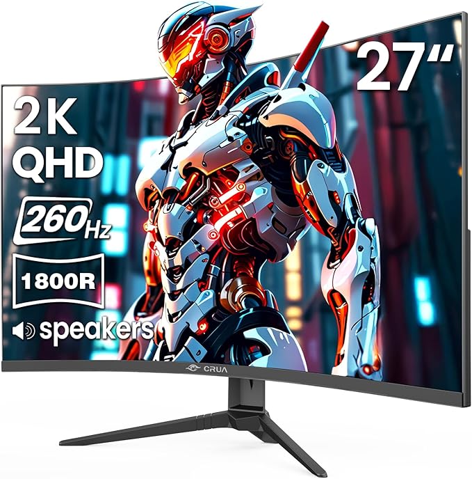 CRUA 27'' Curved Gaming Monitor 260Hz/240Hz, QHD 1440P 1800R VA Panel Computer Monitor with Built-in Speakers, Support AMD FreeSync, 120% sRGB, Blue Light Filter, HDMI2.0 & DP1.4, Wall Mountable-Black