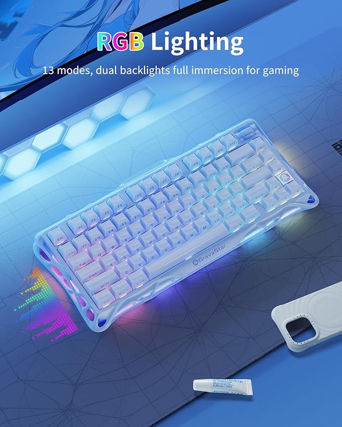 GravaStar Mercury K1 75% Blue Gaming Keyboard, Aluminum Alloy Mechanical Keyboard, Gasket Hot-Swap Socket, Linear Switches, RGB Backlit, Wireless Keyboard for Gaming, Office, and Gifts