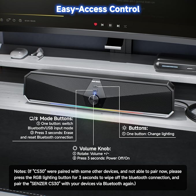 SENZER CS30 Bluetooth Computer Speakers for Desktop, USB Plug & Play PC Speakers with Dynamic LED Light, Stereo Sound Soundbar for Desktop Laptop Monitor (USB-C Adapter Included)