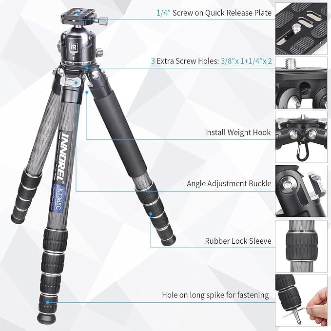 INNOREL Carbon Fiber Compact Tripod KT365C Professional 36mm Tube 5 Sections Heavy Duty Camera Stand for Digital DSLR Video Camcorder with 52mm Low Profile Panoramic Ballhead Center Column Load 30kg
