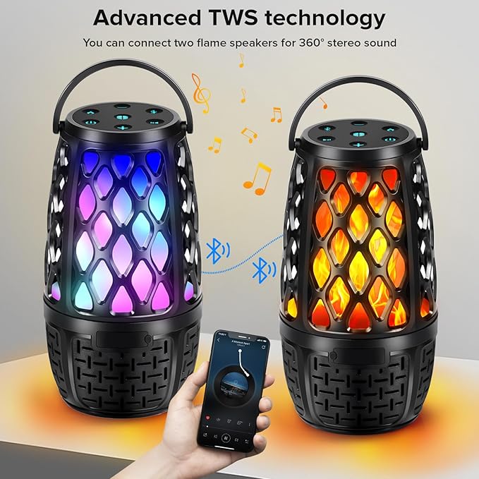 Outdoor Speakers, Colorful LED Flame Speaker Gift for Men, Bluetooth 5.3, Stereo Sound, Portable Wireless Speaker with Stake, Hook for Patio/Yard/Porch
