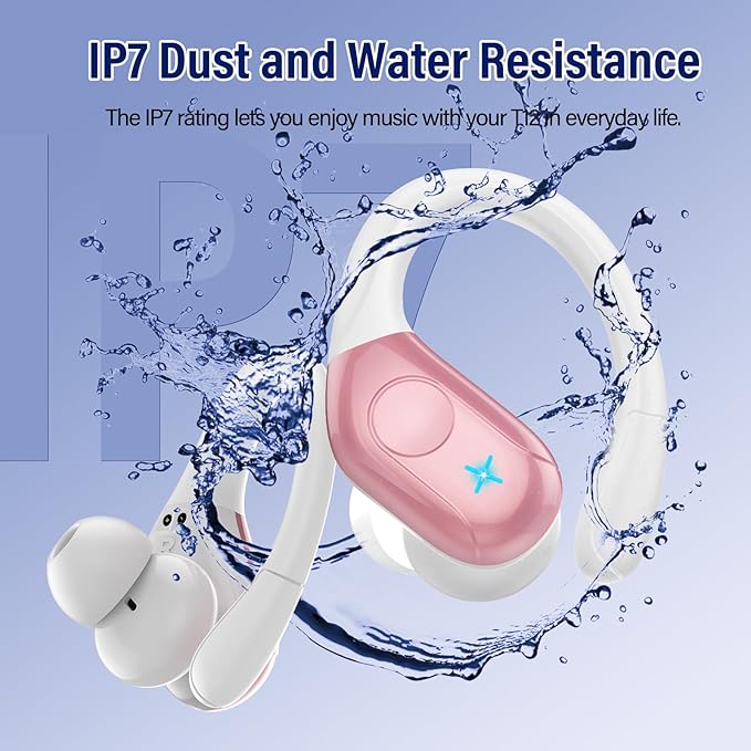 Wireless Earbuds Bluetooth 5.4 Headphones 75H Stereo Deep Bass Sports Over Ear Buds with Earhooks, LED Display Bluetooth Earbuds with 4 ENC Mic, IP7 Waterproof Earphone for Running, Pink