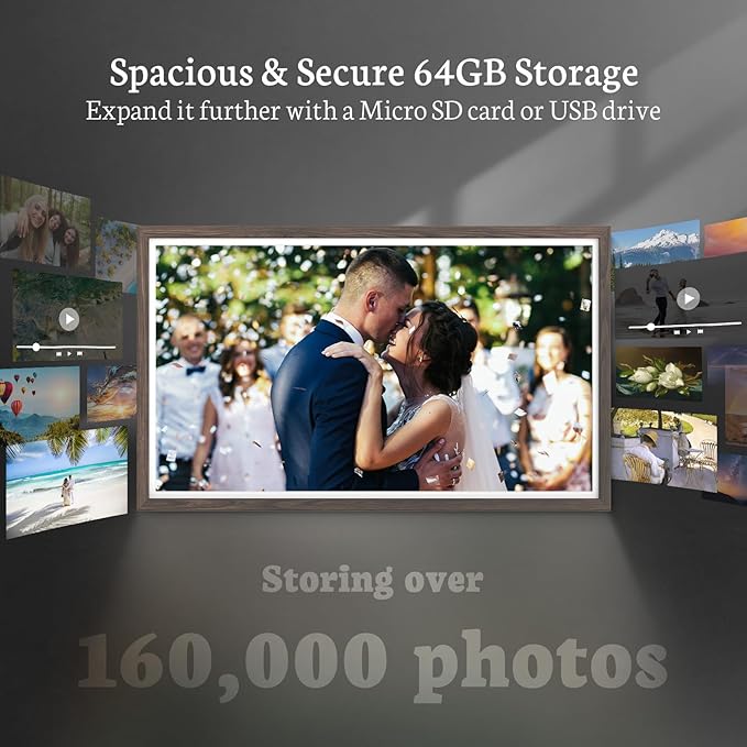 BSIMB 32 Inch Large Digital Picture Frame, Touchscreen 64GB 1920x1080 FHD WiFi Photo Frame Electronic Display Remote Control, Share Pictures/Videos via App/USB/SD Easy Setup Gifts for Mom, Dark Wood