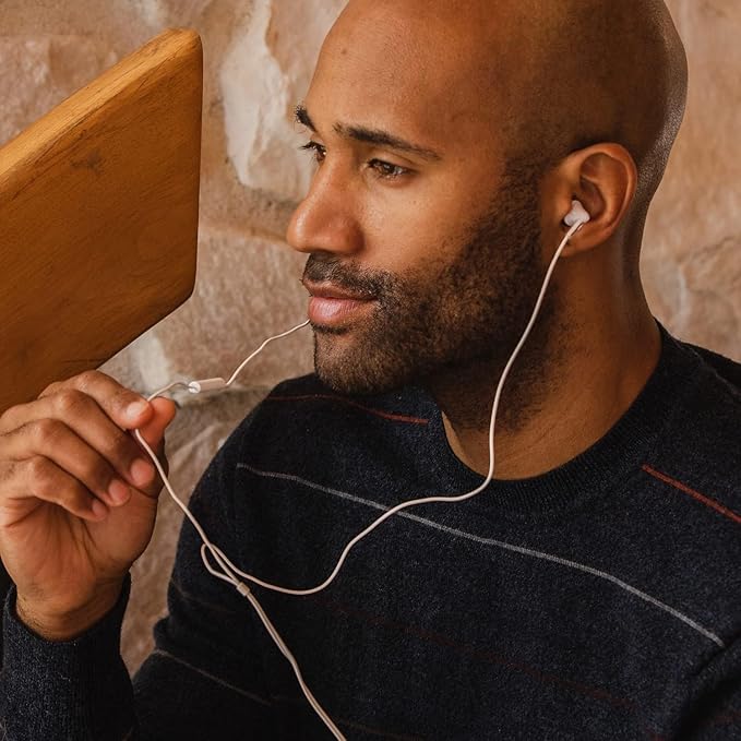 Panasonic ErgoFit Wired Earbuds With Microphone, 3.5mm Jack Wired Headphones with Mic and Call Controller, Ergonomic Custom-Fit Earpieces (S/M/L), for Phones and Laptops - RP-TCM125-W (White)